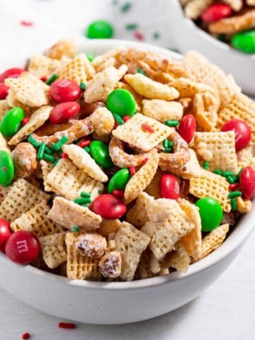Bowl of Christmas Chex mix.