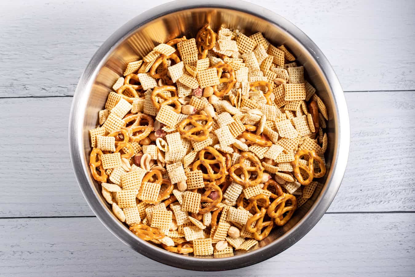 Bowl of dry Chex mix.