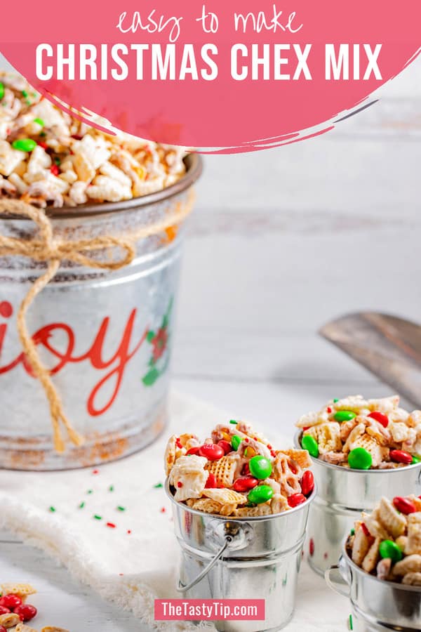 Pails of white chocolate Christmas Chex mix recipe with M&M's.