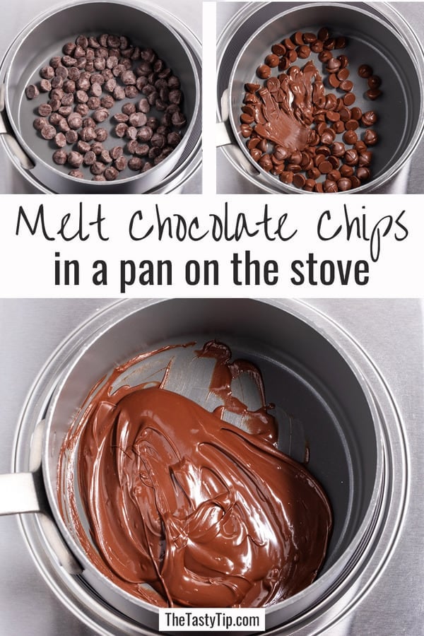 Melting chocolate chips on the stove in a pan.