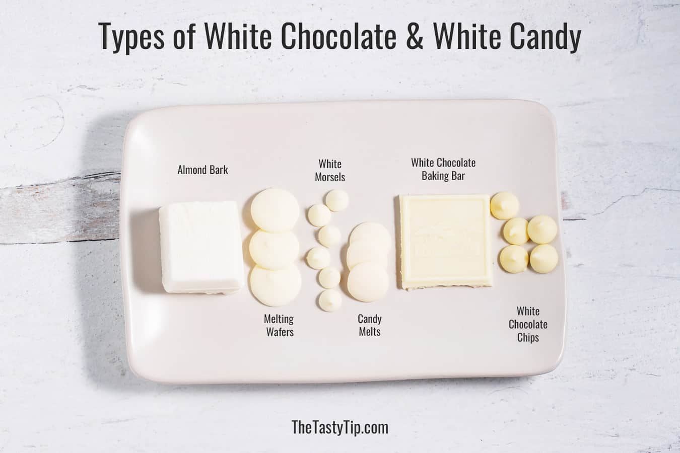 Plate with different types of white chocolate and white candies.