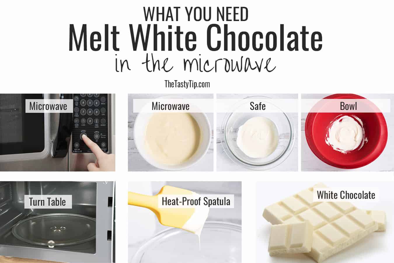 Supplies to melt white chocolate in the microwave.