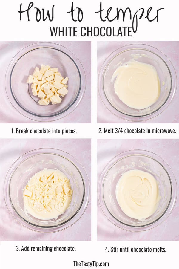 Step by step pictures on how to temper white chocolate.