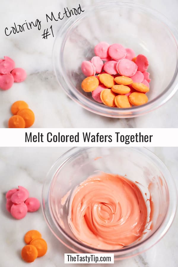 Mixed colors of candy melts melting into a new color.