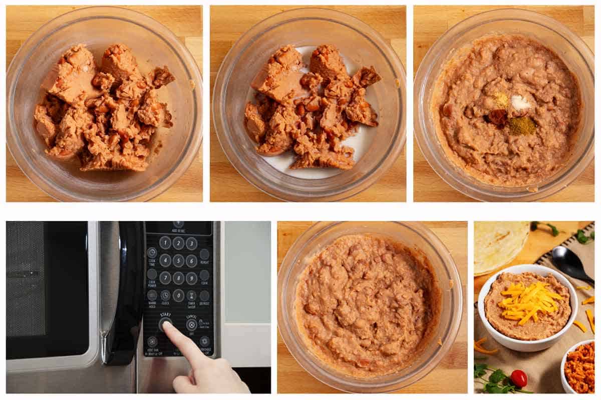 Step by step for microwaving canned refried beans.