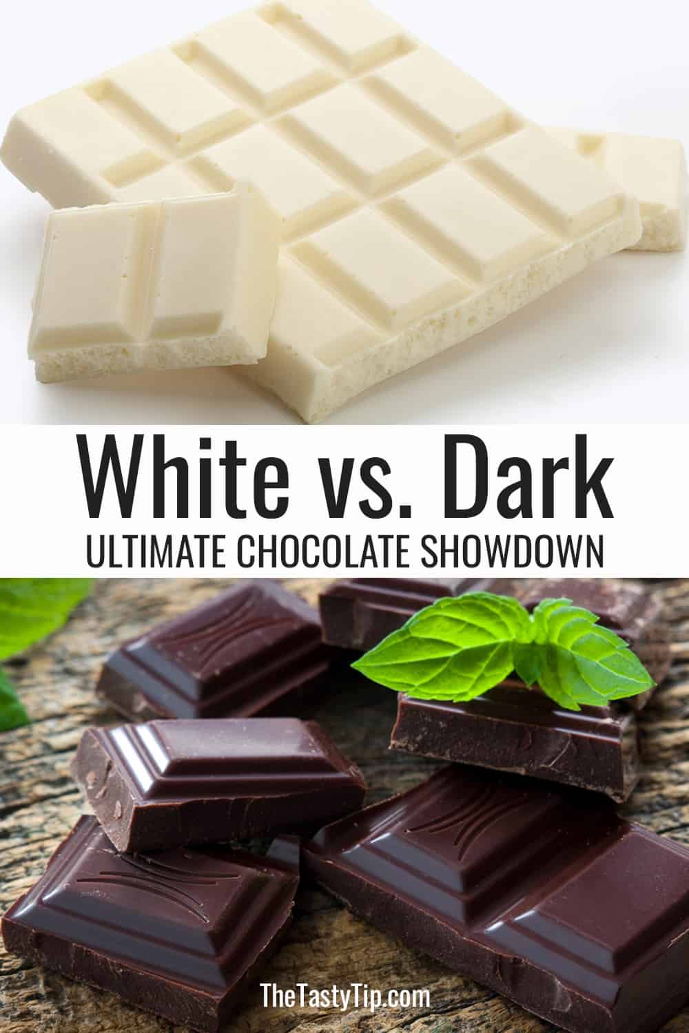 White chocolate bar and dark chocolate bar with mint leaf.