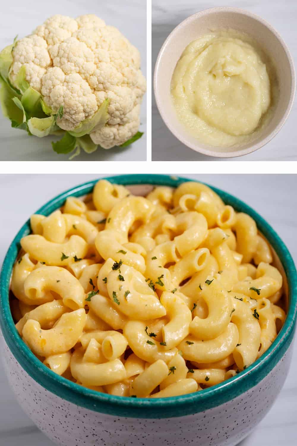 cauliflower head, pureed cauliflower, and cauliflower mac and cheese