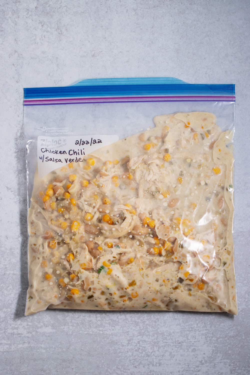 leftover chicken chili with salsa verde recipe in a freezer bag