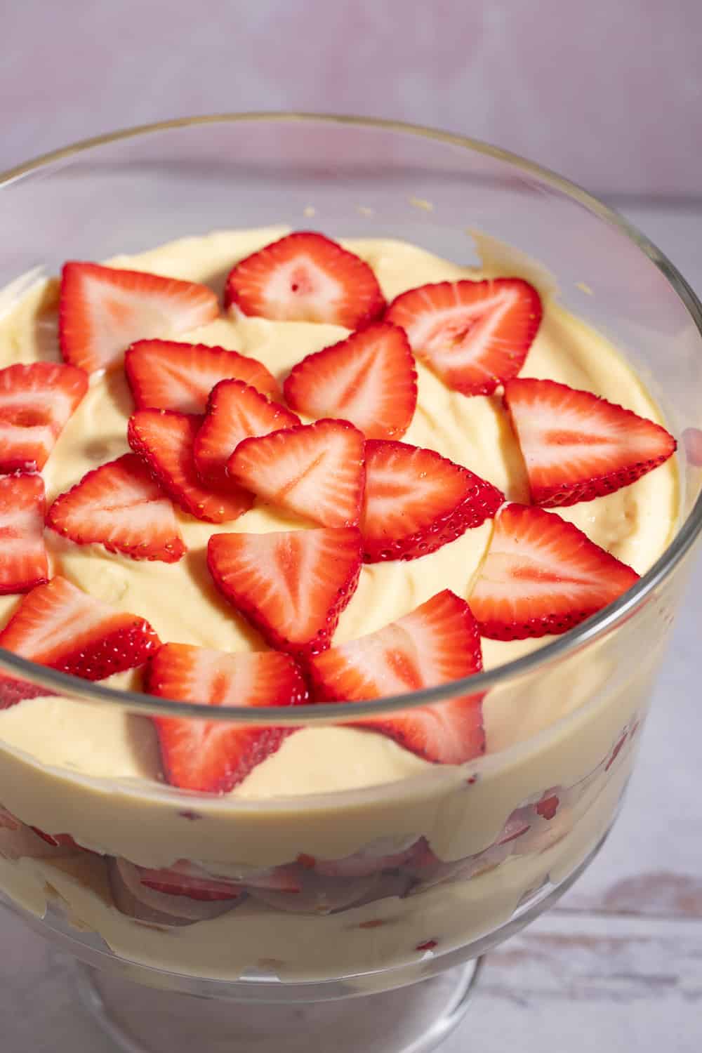 classic strawberry banana pudding in a trifle dish