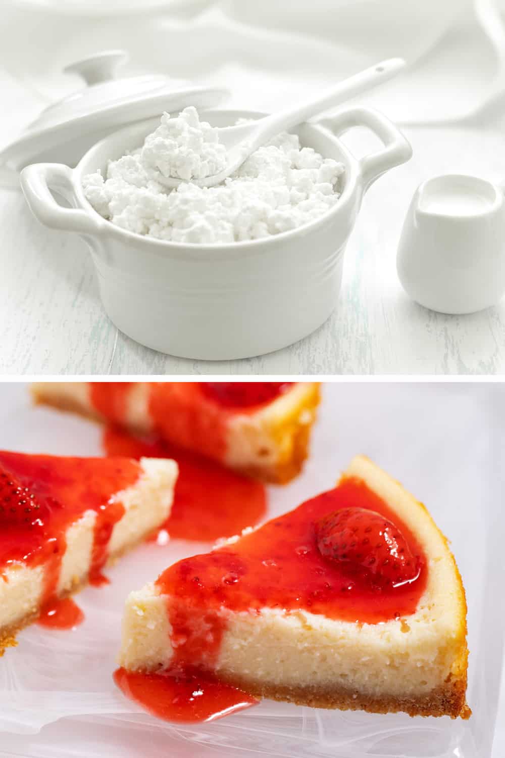 Bowl of cottage cheese and cheesecake made with cottage cheese.