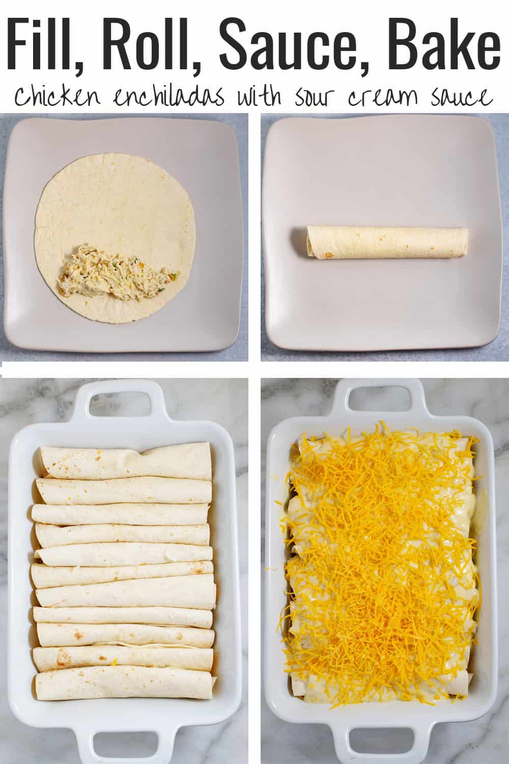 steps showing how to make chicken enchiladas with sour cream sauce