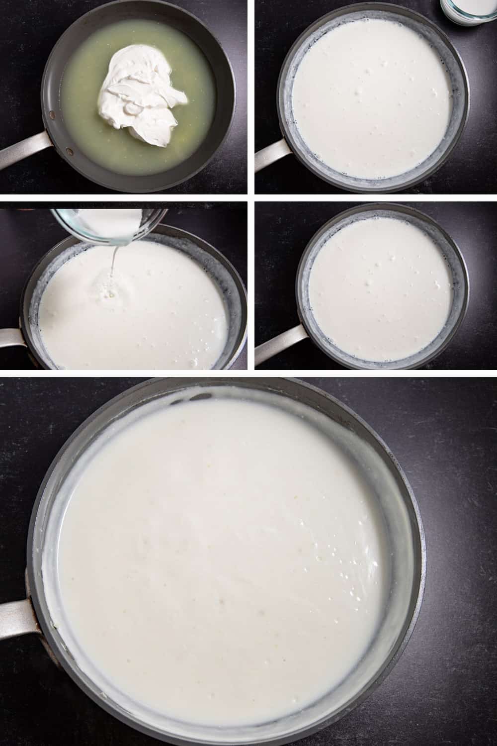 steps showing how to make sour cream sauce for chicken enchiladas