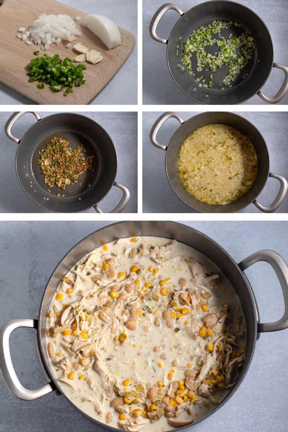 all the steps to make white chicken chili with salsa verde recipe