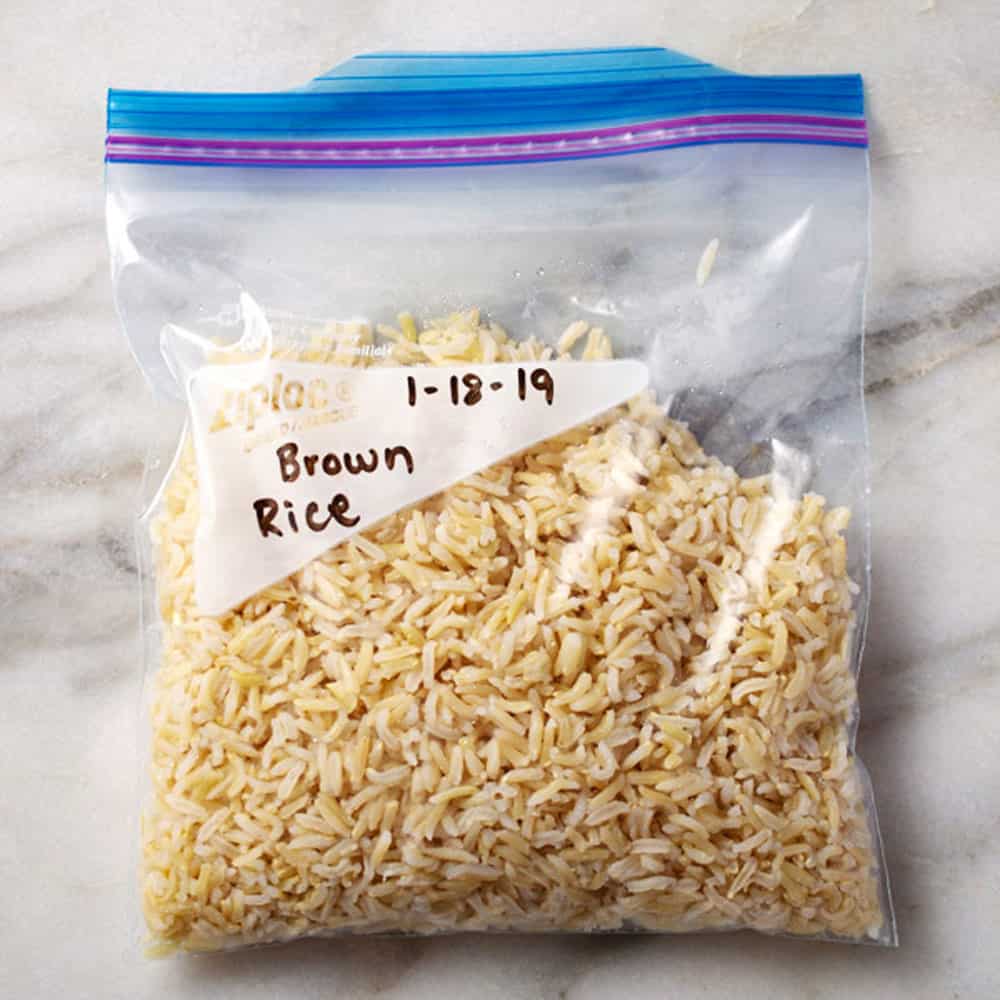 freezer bag of cooked brown rice