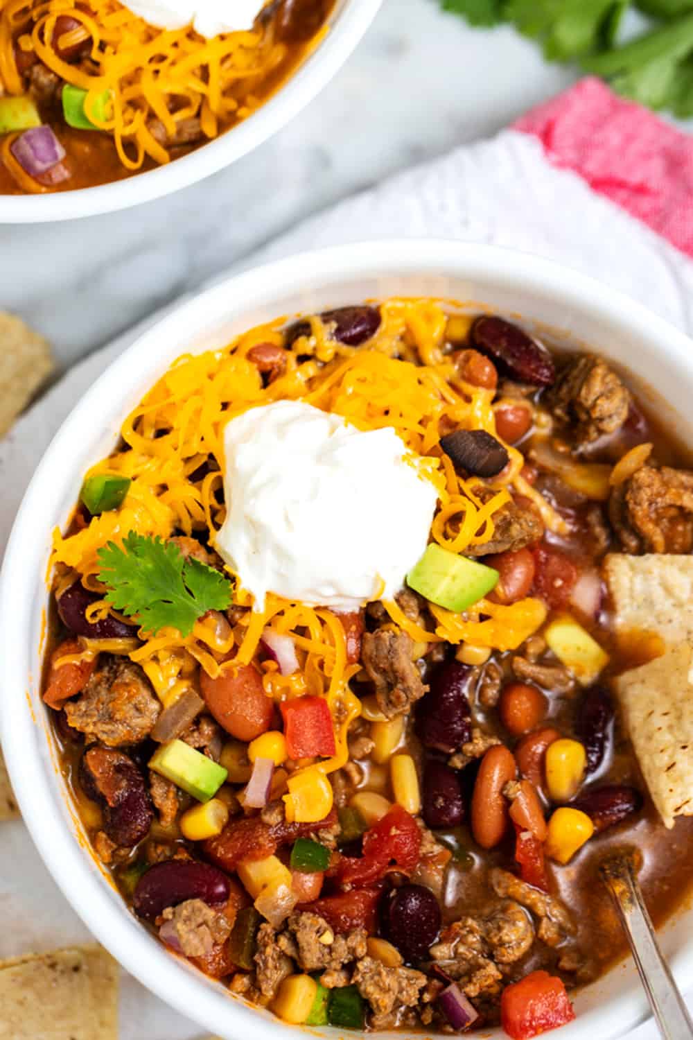 Taco soup with ground beef (quick Sunday lunch idea).