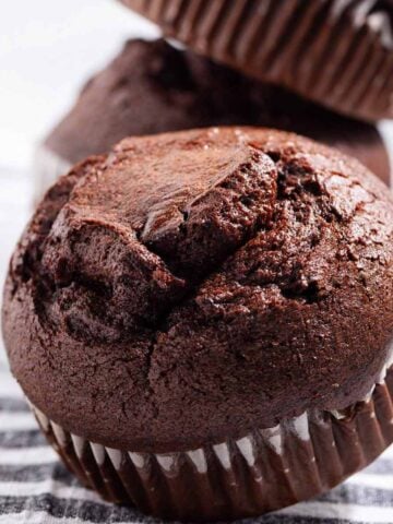 Bakery style chocolate muffin stack.