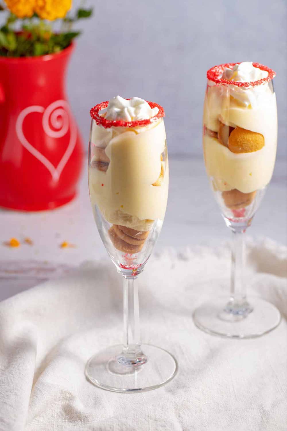 Banana pudding in wine glasses.