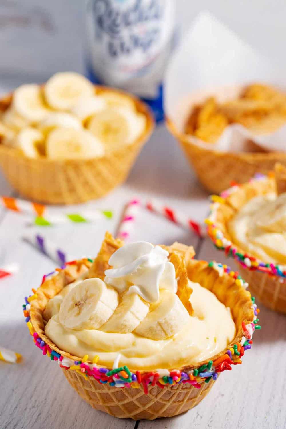 Banana pudding in a waffle bowl.