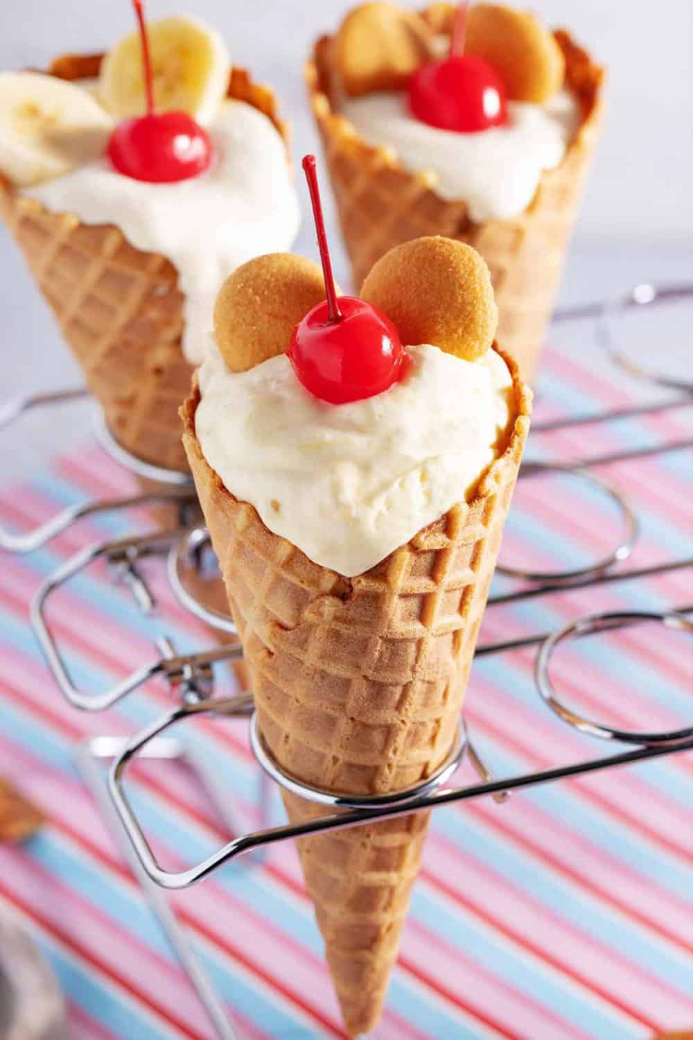 Serving banana pudding in a waffle cone.