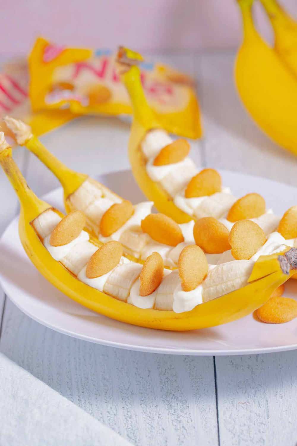 Serving banana pudding in a banana peel.