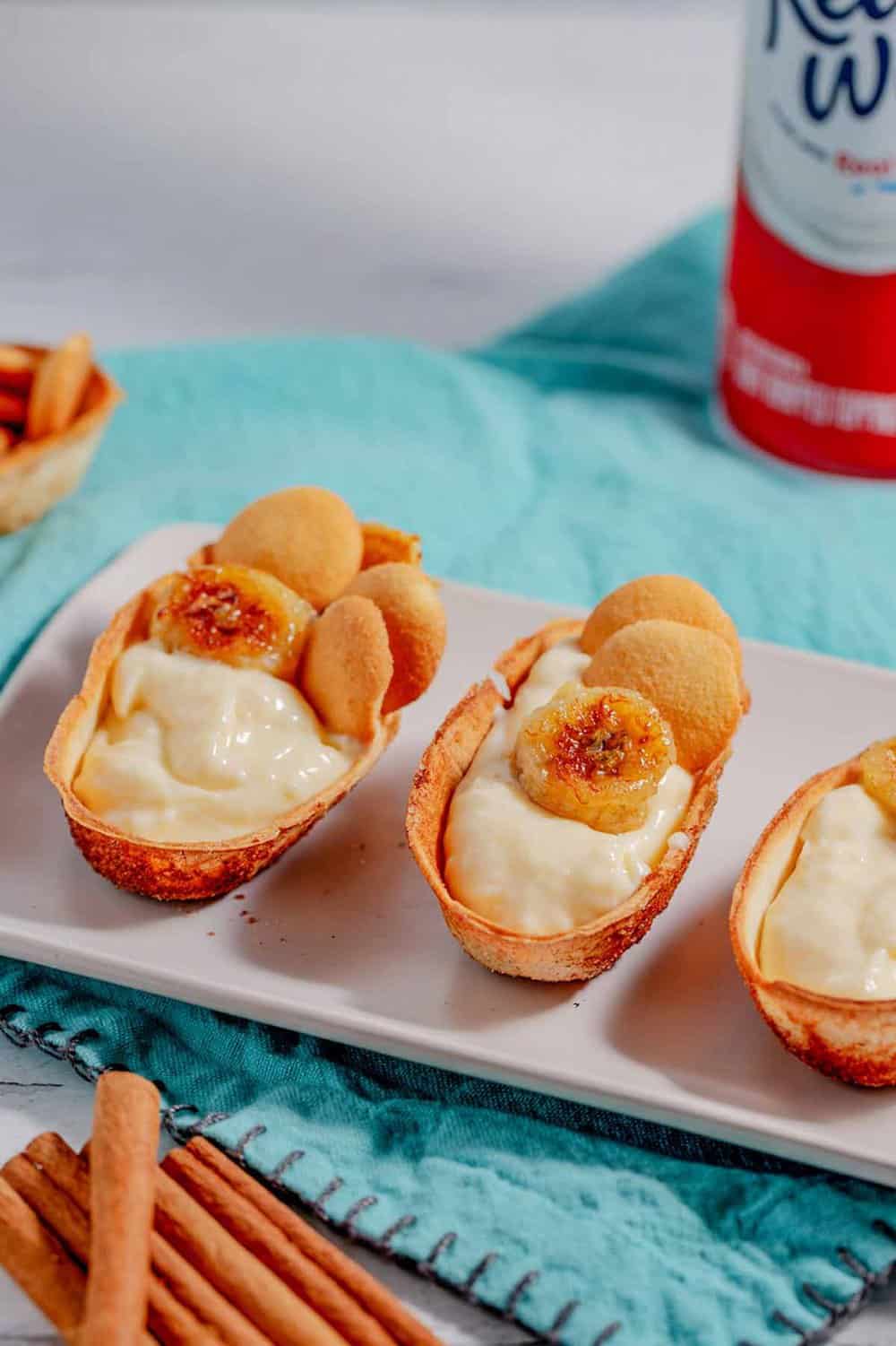 Banana pudding in a cinnamon sugar tortilla boat.