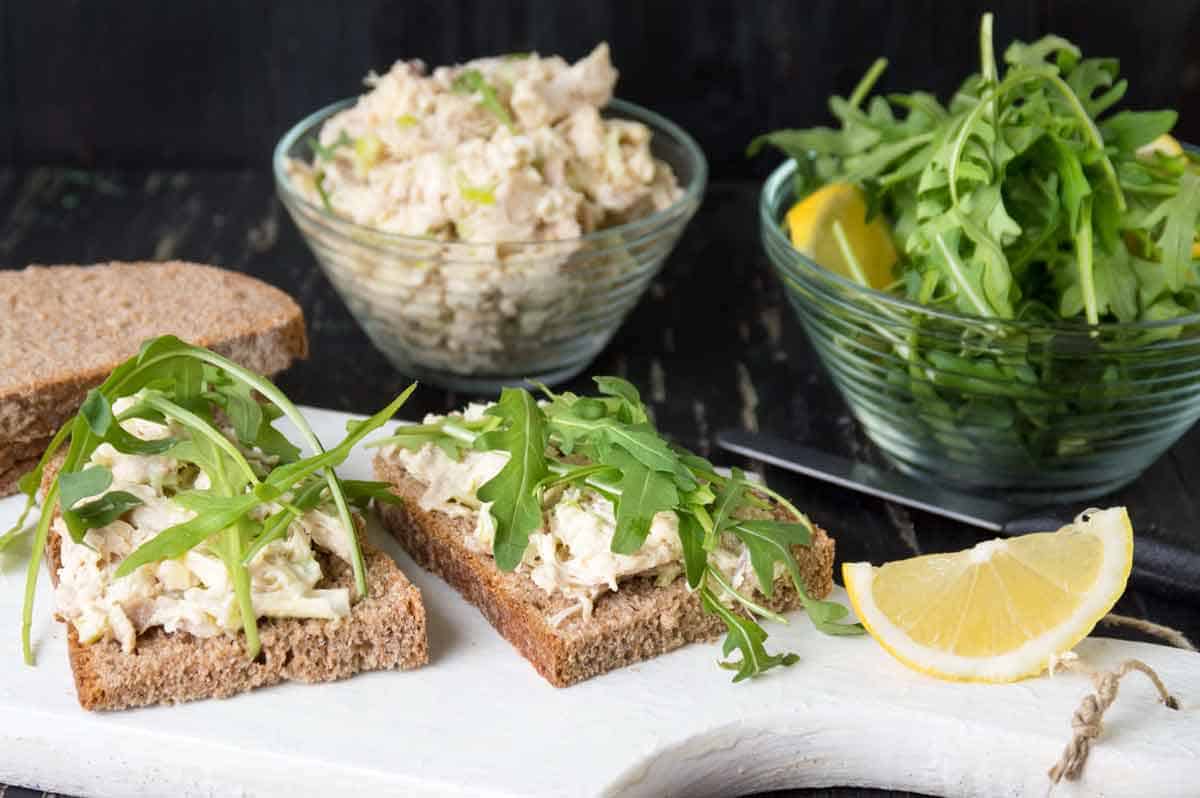 chicken salad sandwich with arugula