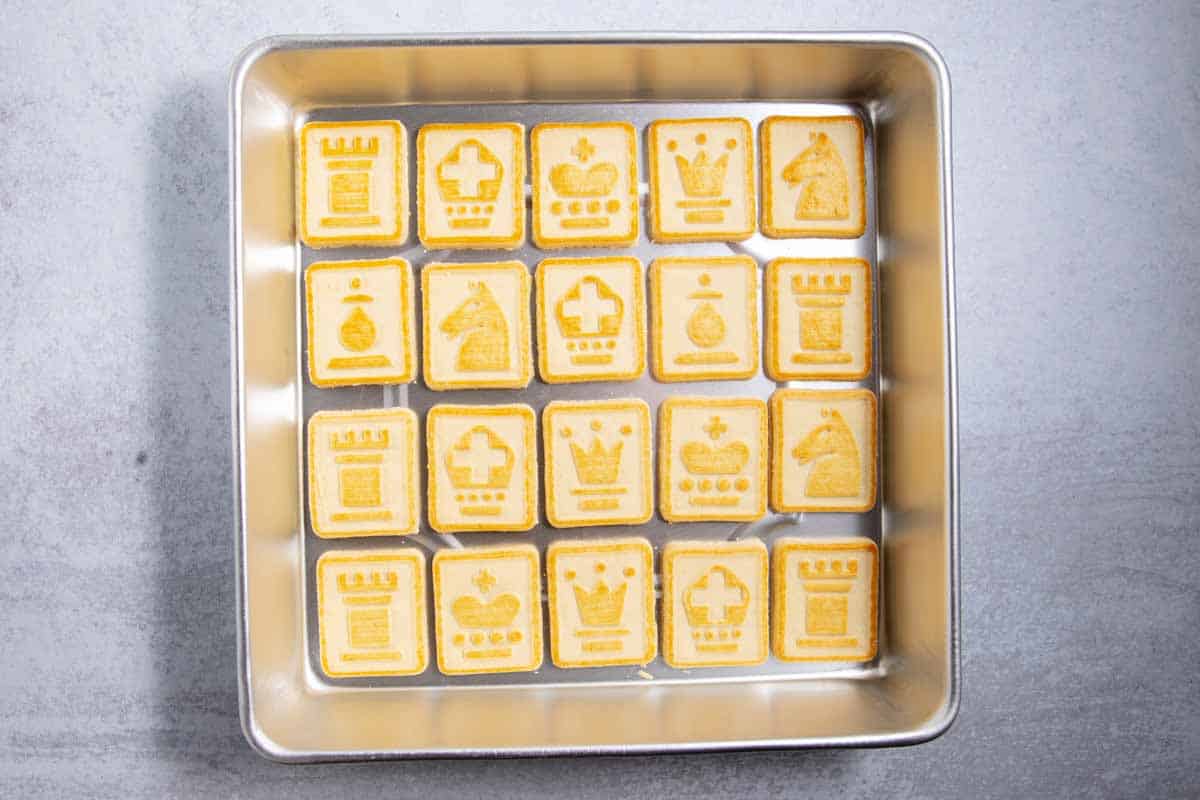 layer of Chessmen cookies in a pan