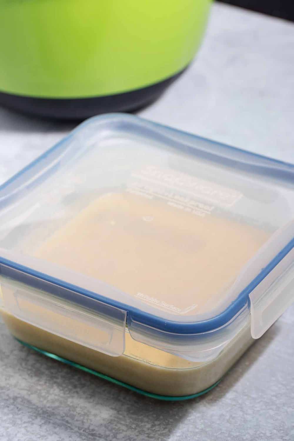 Storing cake batter in a airtight storage container in the fridge.