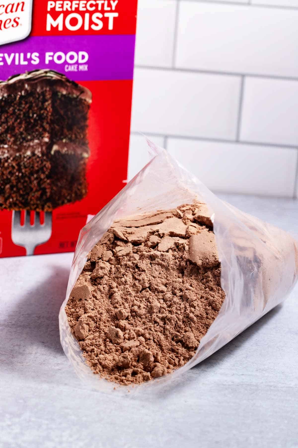 open package of chocolate cake mix