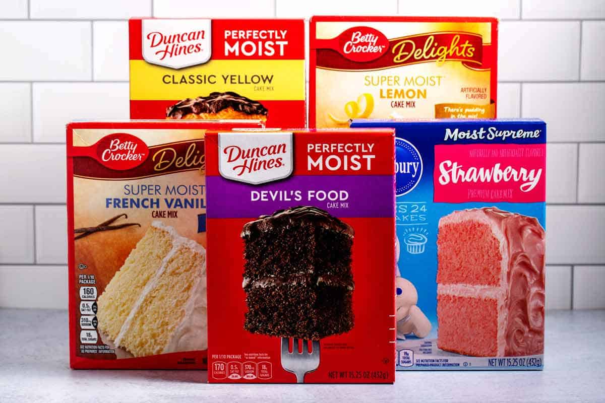 Several flavors and brands of cake mix.