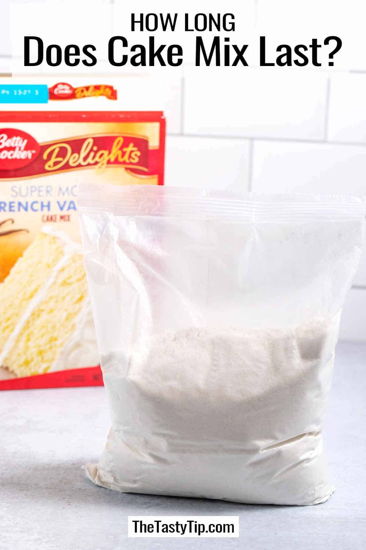 Bag of vanilla cake mix with the box in the background.