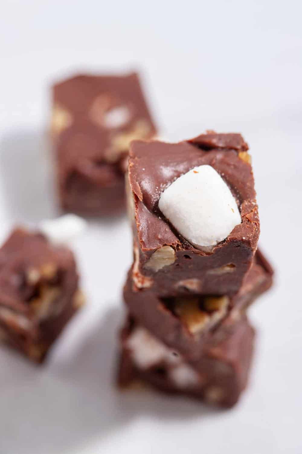 stack of rocky road chocolate chips fudge