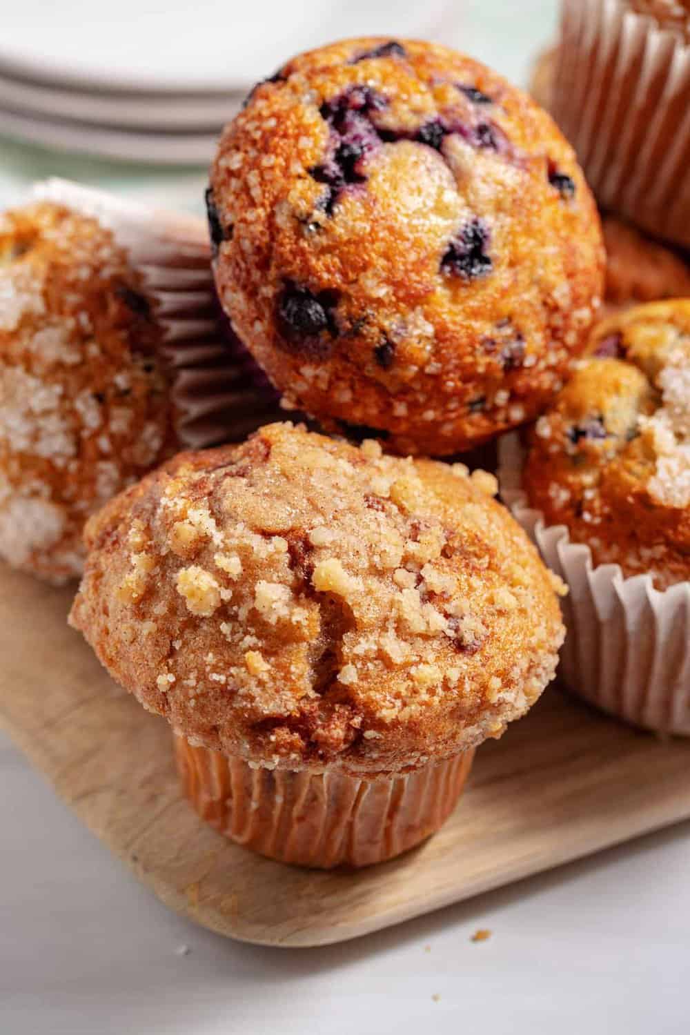 Stack of different bakery muffins.