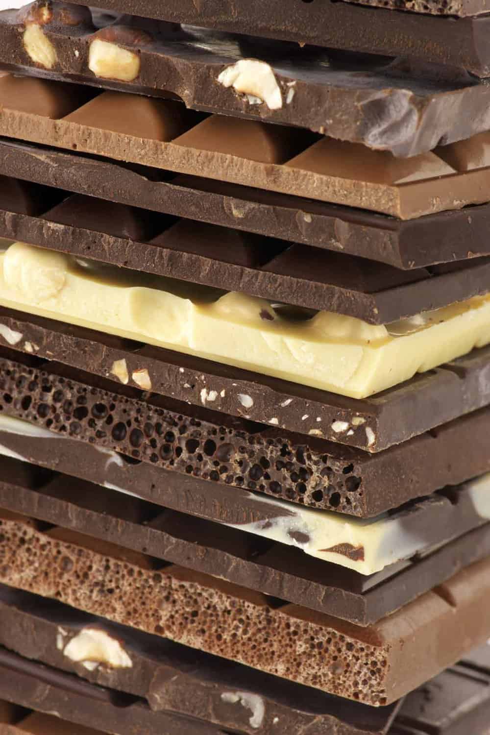 Stack of thin pieces of chocolate bars.