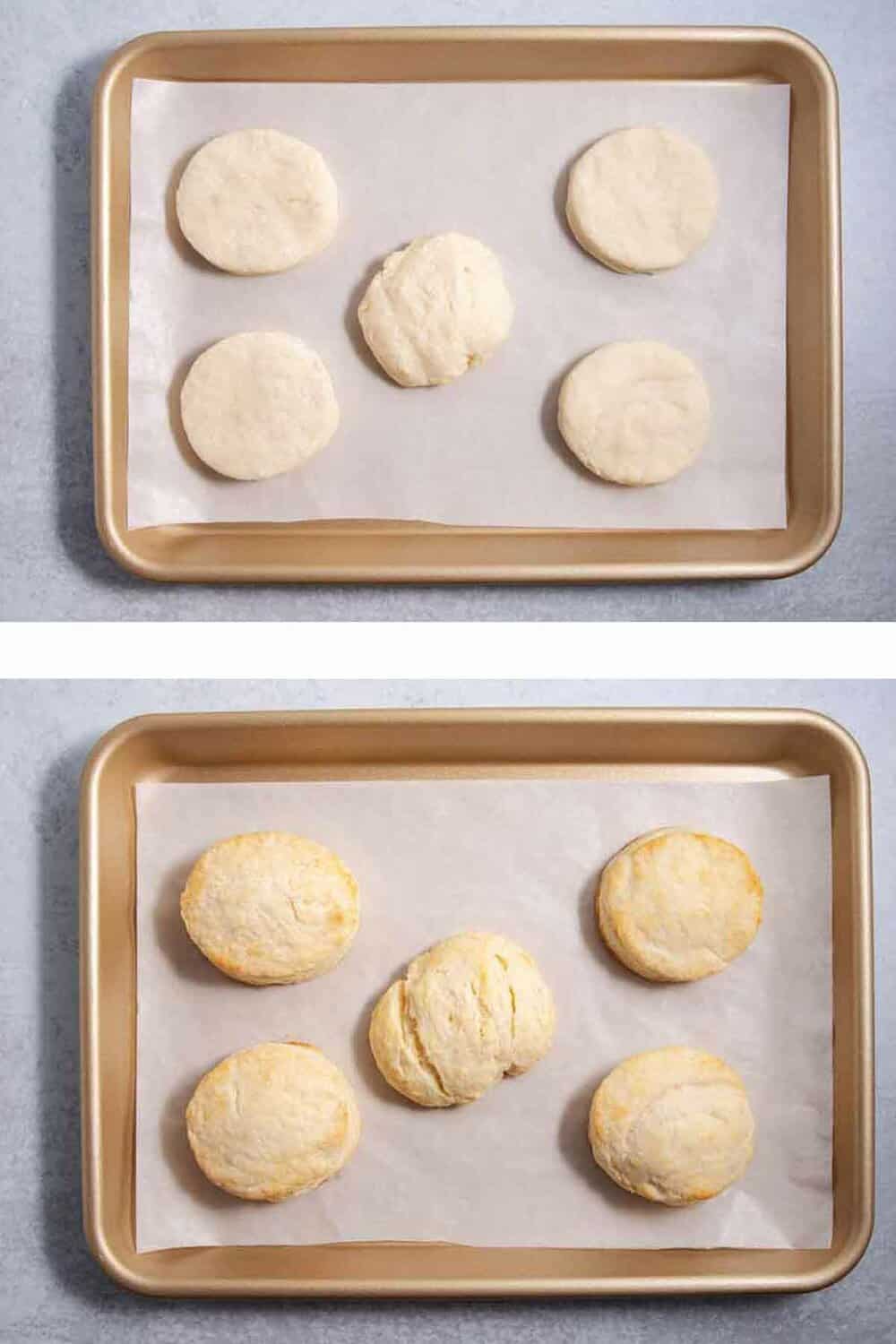 biscuit dough on pan and baked biscuits on pan