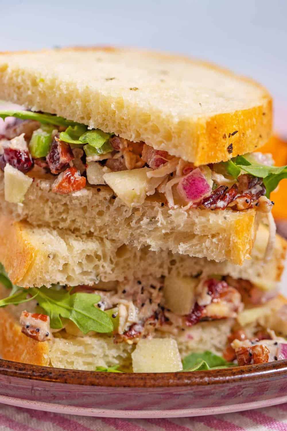 Chicken salad sandwich on focaccia bread.