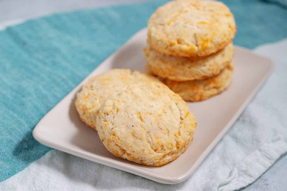 plate of cheddar herb biscuits made with pancake mix