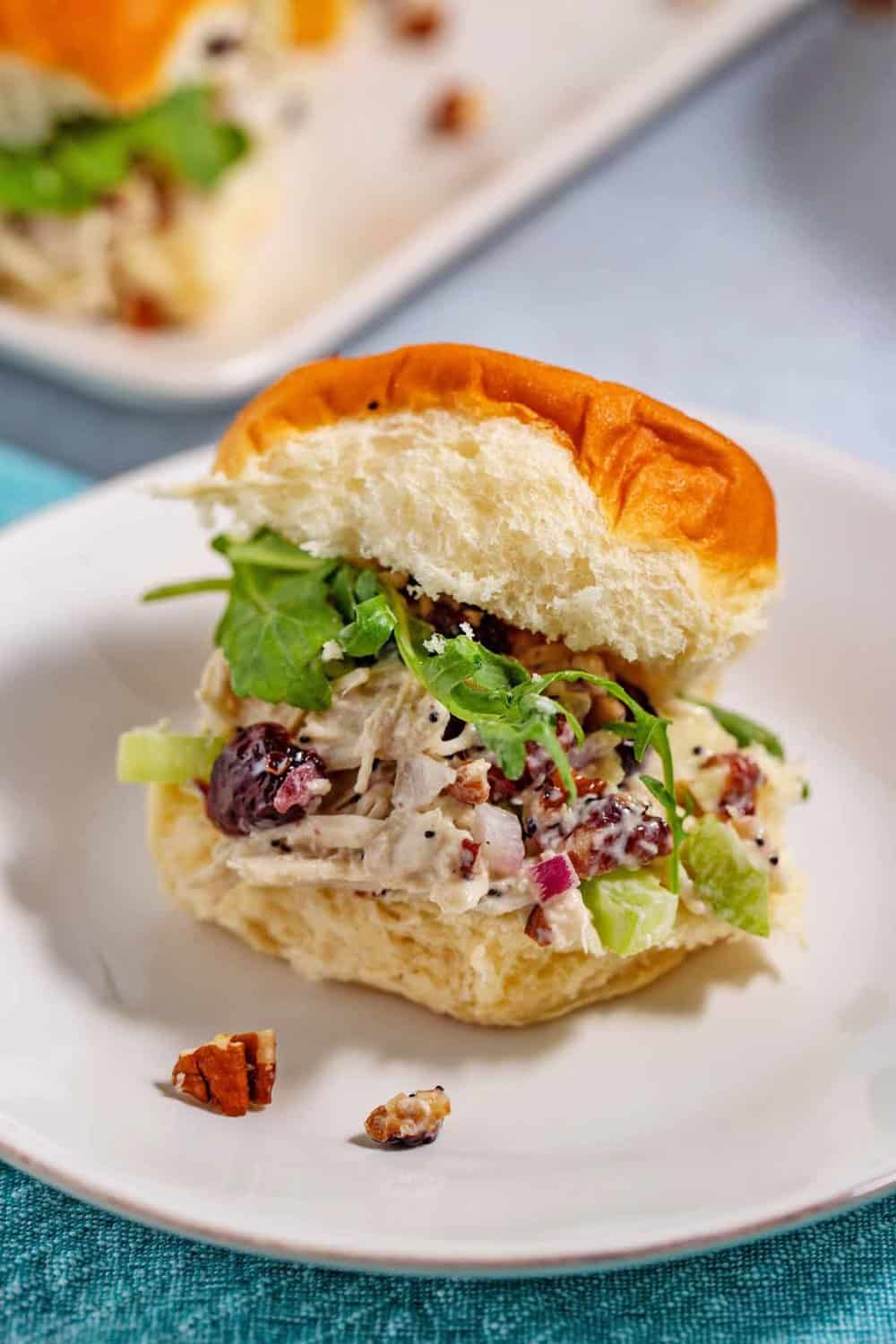 Chicken salad on Hawaiian roll.