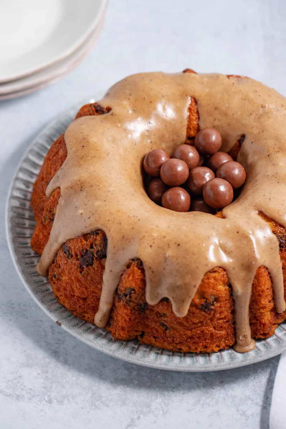 chocolate chip bundt cake with whoppers in the center