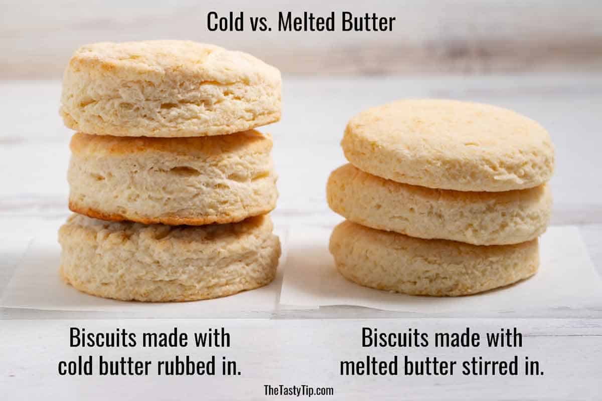 stack of pancake mix biscuits with butter rubbed in next to biscuits with melted butter stirred in