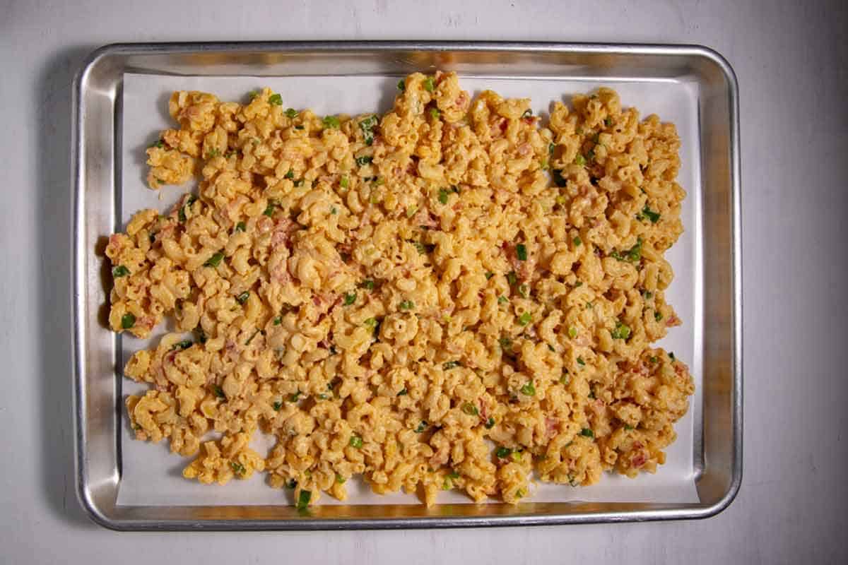 mac and cheese on a baking sheet