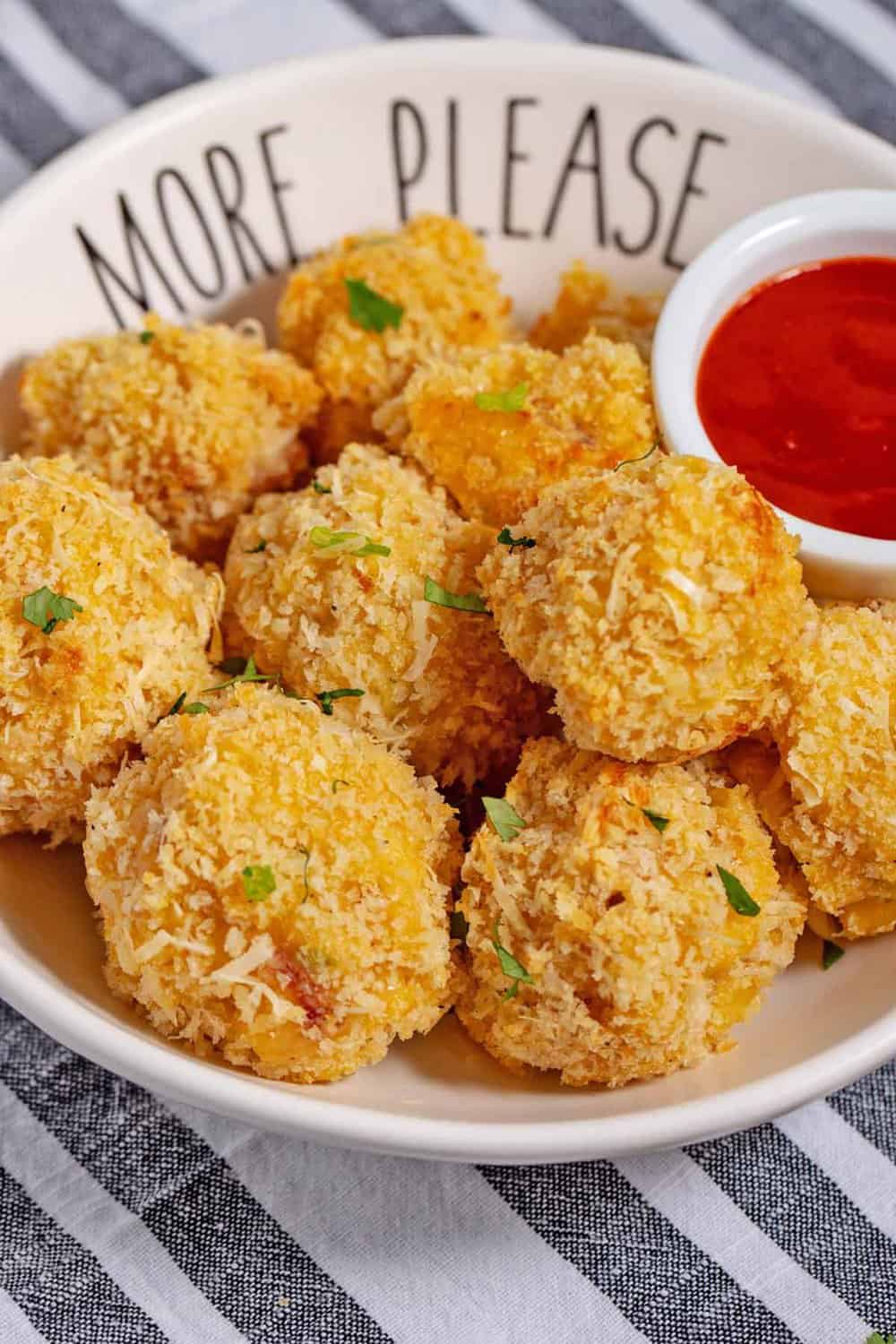 Bowl of mac and cheese balls.