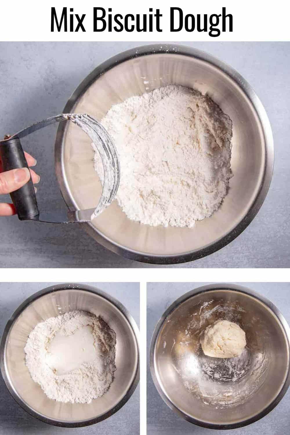 step by step photos showing mixing the biscuit dough