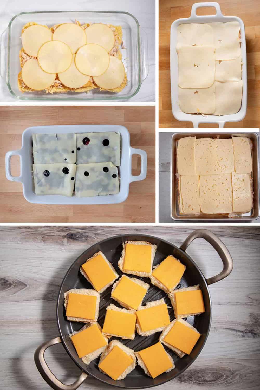 pans of different kind of cheese on turkey sliders