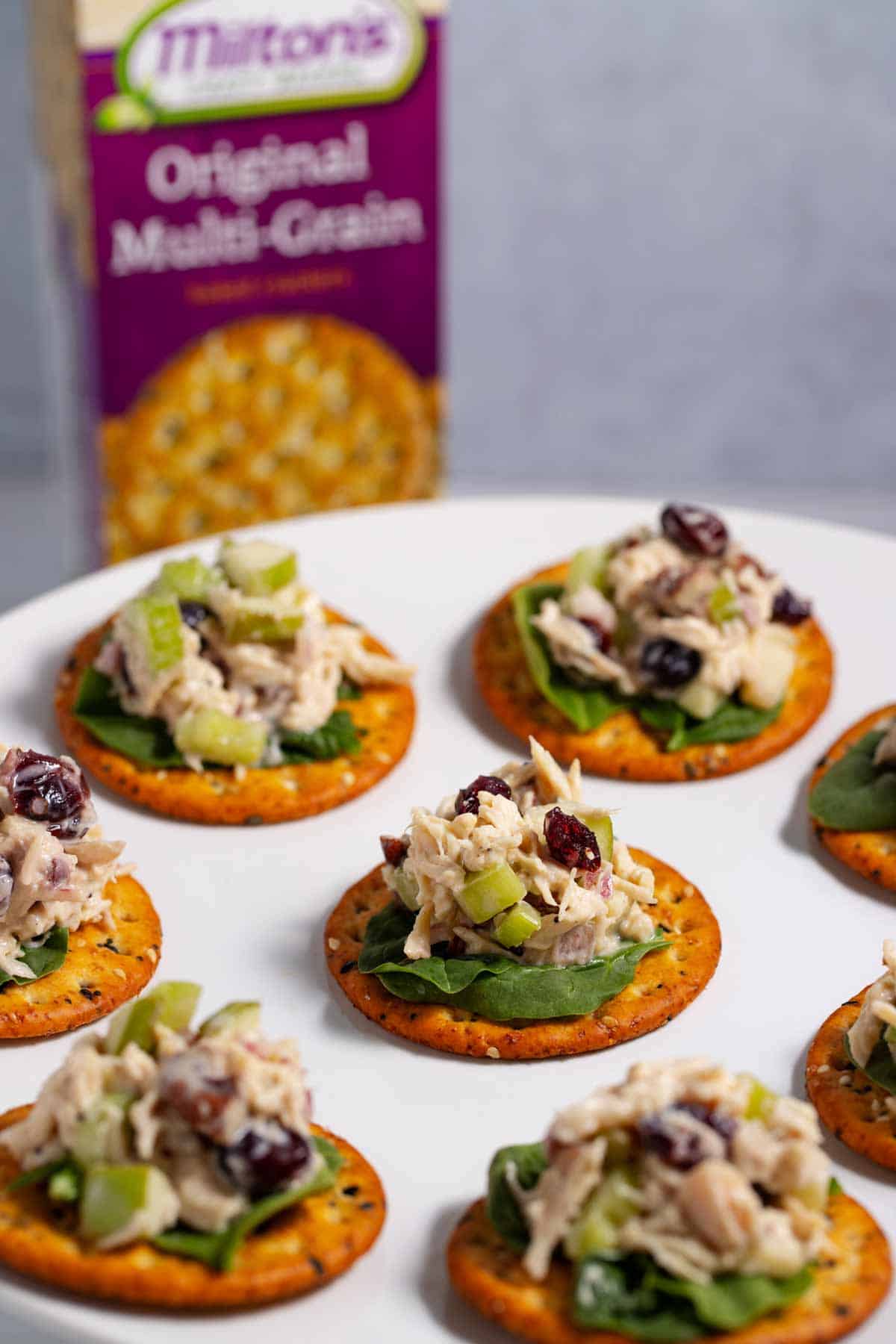 Plate of chicken salad cracker appetizers on a serving dish.