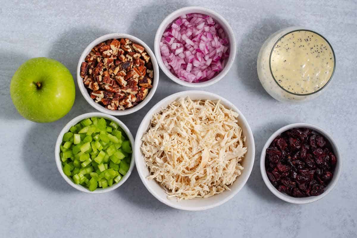 Ingredients for cranberry pecan chicken salad recipe with poppy seed dressing.