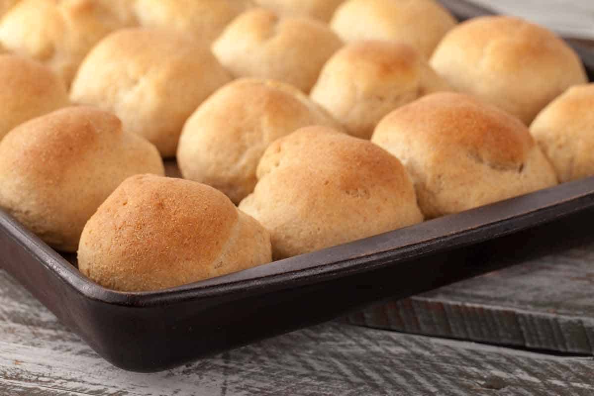 Pan of dinner rolls.