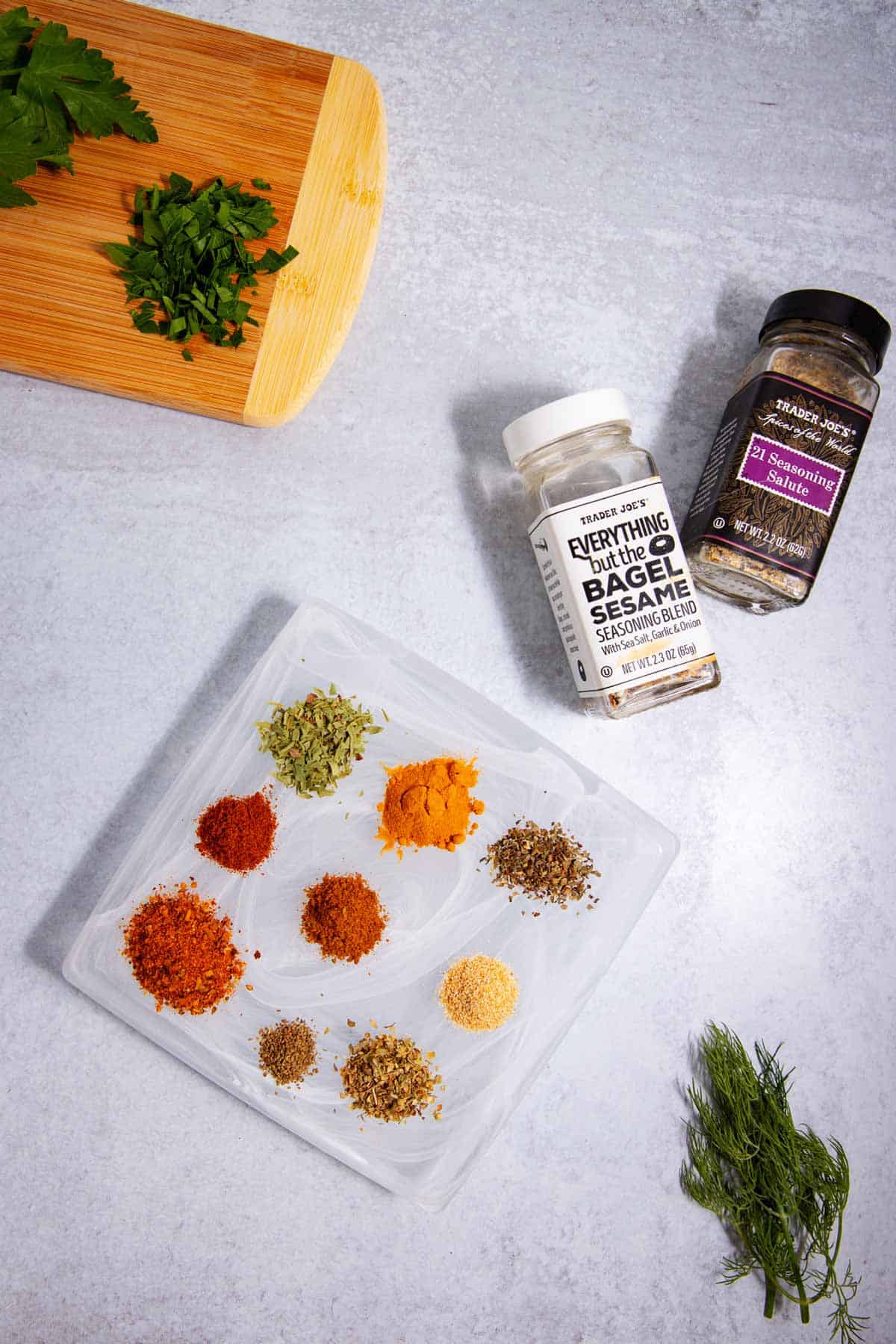 Herbs, spices, and seasonings to add to store-bought chicken salad to make it taste better.