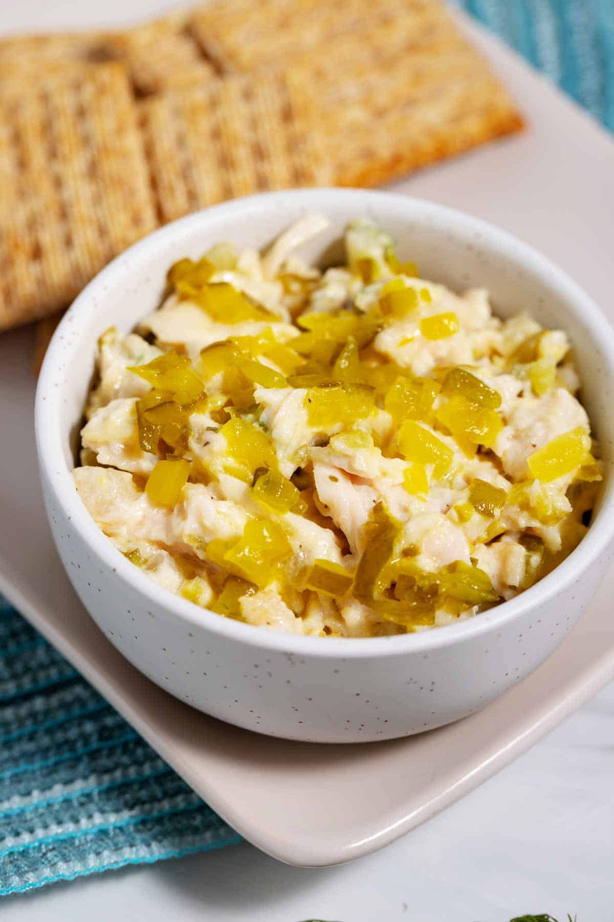 Store-bought chicken salad with pickles added to improve the taste.