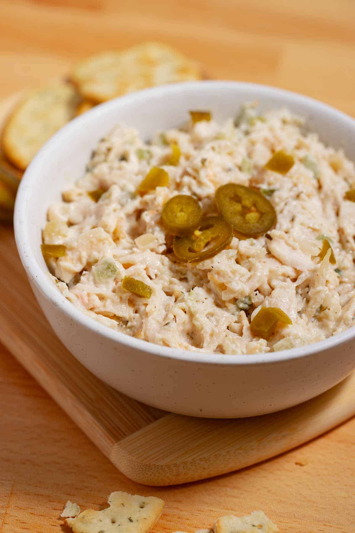 Pickled jalapenos in store-bought chicken salad to jazz it up.